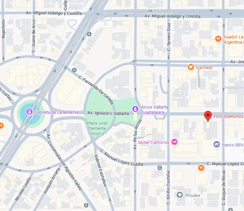 Mapa de Google Maps mostrando la ubicación del Foro Boletomóvil sobre Av. Ignacio L. Vallarta, cerca de la Glorieta de la Minerva y Arcos Vallarta, Guadalajara